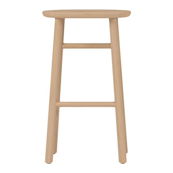 Natural wood finish stool with a sleek, minimalist design and smooth, rounded seat. Perfect for modern decor.