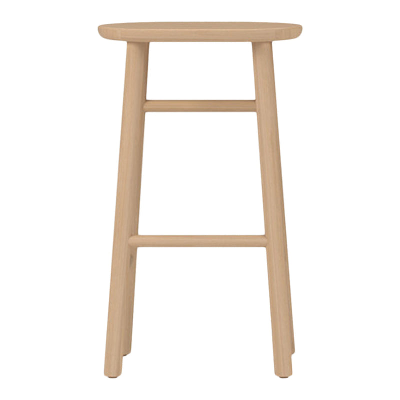 Natural wood finish stool with a sleek, minimalist design and smooth, rounded seat. Perfect for modern decor.