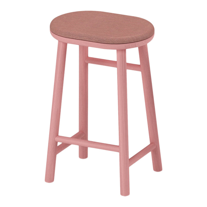 Pink wooden stool with a light brown, textured seat, offering a modern and stylish look for any space.