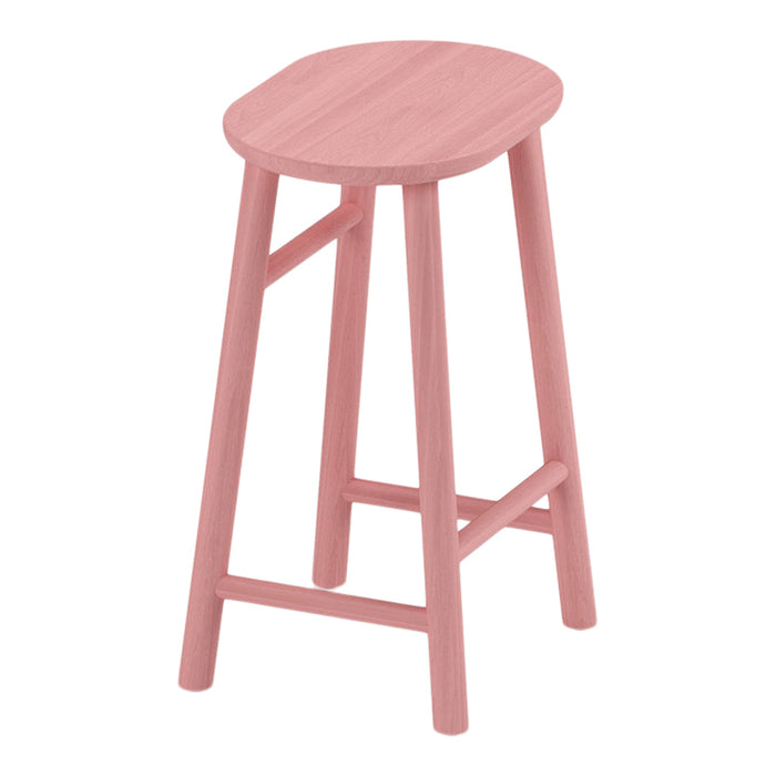 Pink wooden stool with a smooth, oval seat and minimalist design, featuring light and warm wood tones.