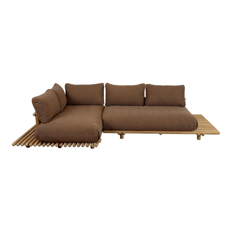 Brown sectional sofa with plush cushions and a wooden slatted base, perfect for modern outdoor or indoor spaces.