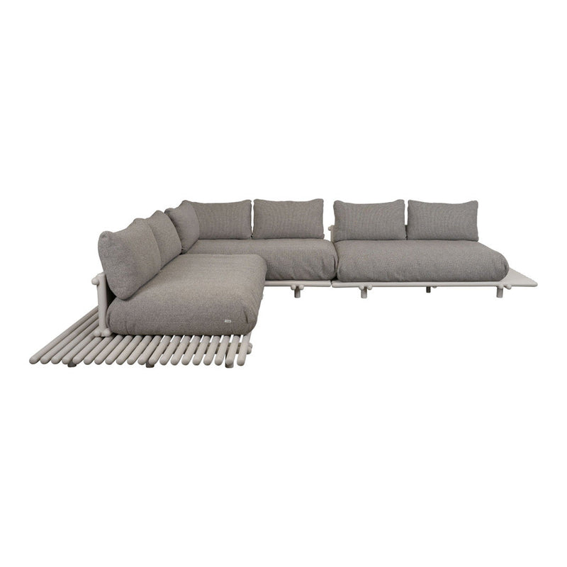 Gray sectional sofa with plush cushions and a modern slatted base, perfect for contemporary outdoor spaces.