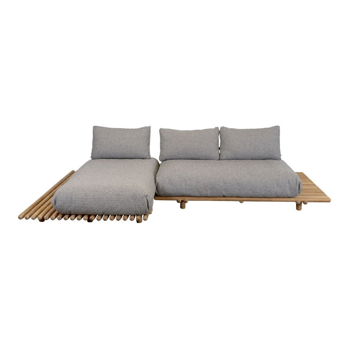 Gray cushioned seating on a natural wood frame with sleek lines, perfect for contemporary outdoor spaces.