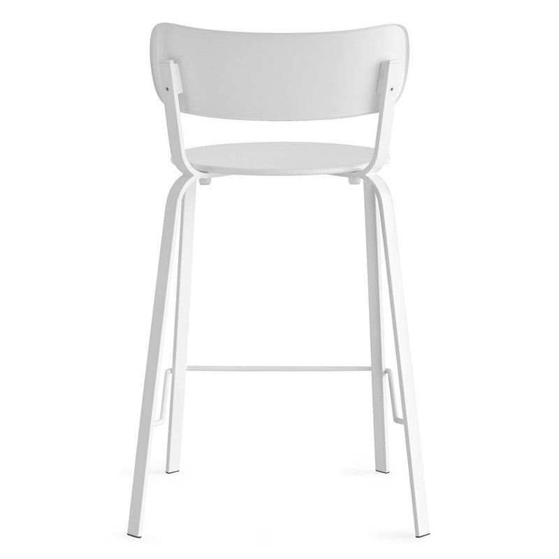 White minimalist bar stool with sleek lines and a simple design, perfect for modern decor.
