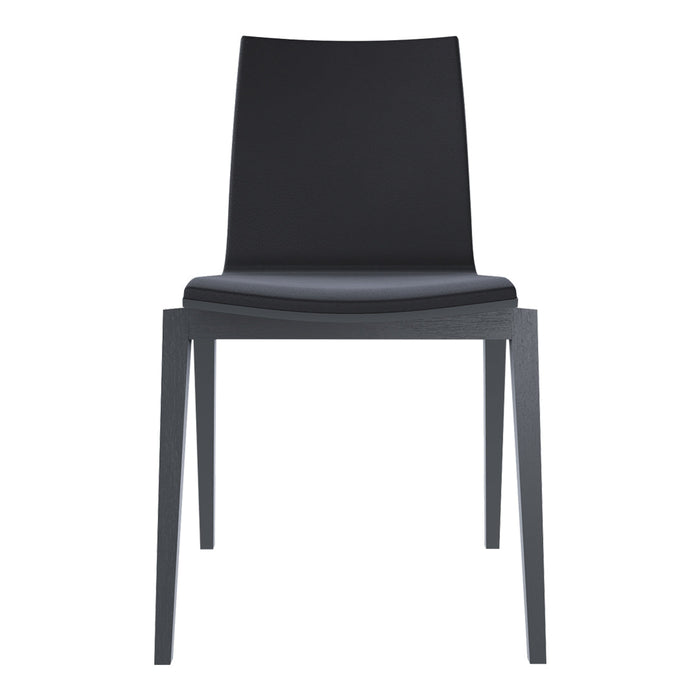 Sleek black chair with a smooth, minimalist design and solid gray legs, perfect for modern decor.