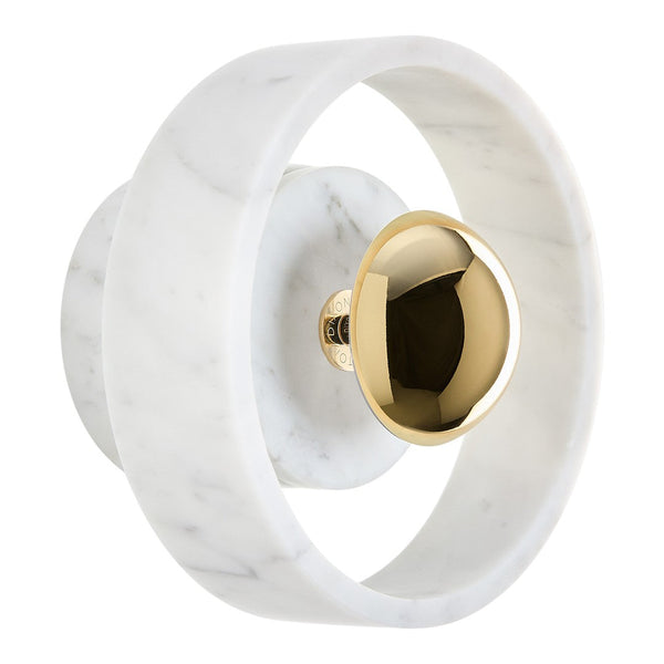 Elegant white marble wall fixture with a smooth, circular design and a shiny gold accent.