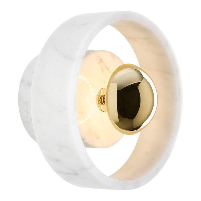 Circular white marble wall light with a shiny gold accent, featuring a smooth, elegant design.