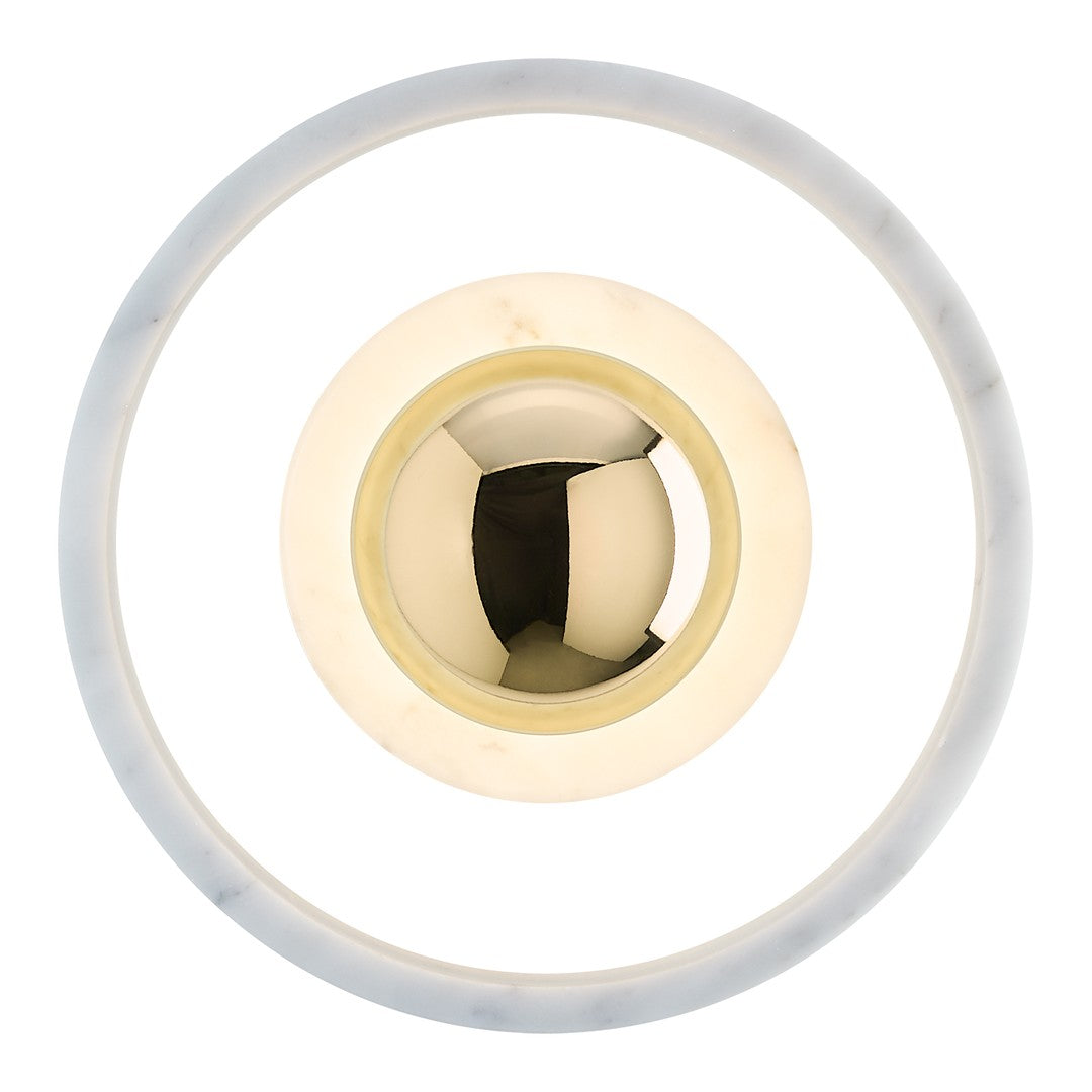 Round ceiling light featuring a sleek brass center, surrounded by a smooth marble ring in white and gray.