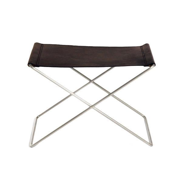 Brown leather seat with a smooth texture on a sleek silver metal frame, featuring a minimalist X-shaped design.