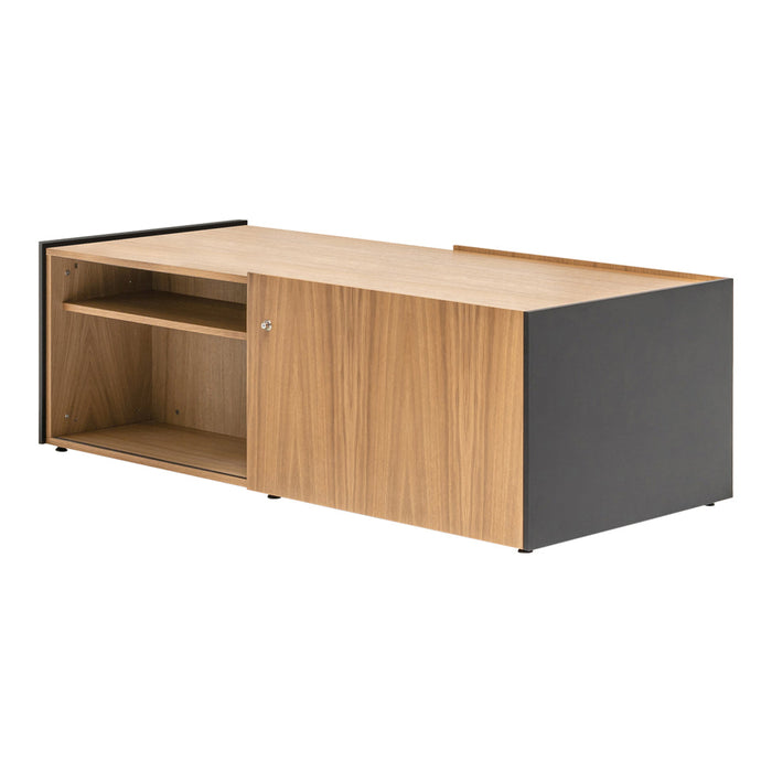 Modern wooden coffee table featuring a natural wood finish with black accents and a sleek minimalist design.