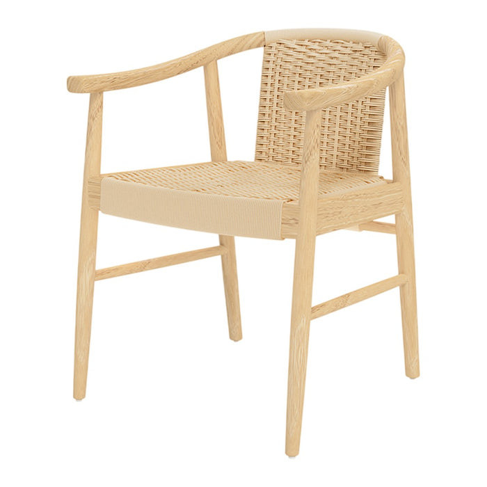 Natural beige wooden chair with a woven rattan backrest and open, minimalist design.