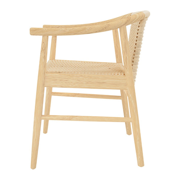 Natural honey wood chair with woven rattan backrest, showcasing a minimalist design and light, airy color palette.