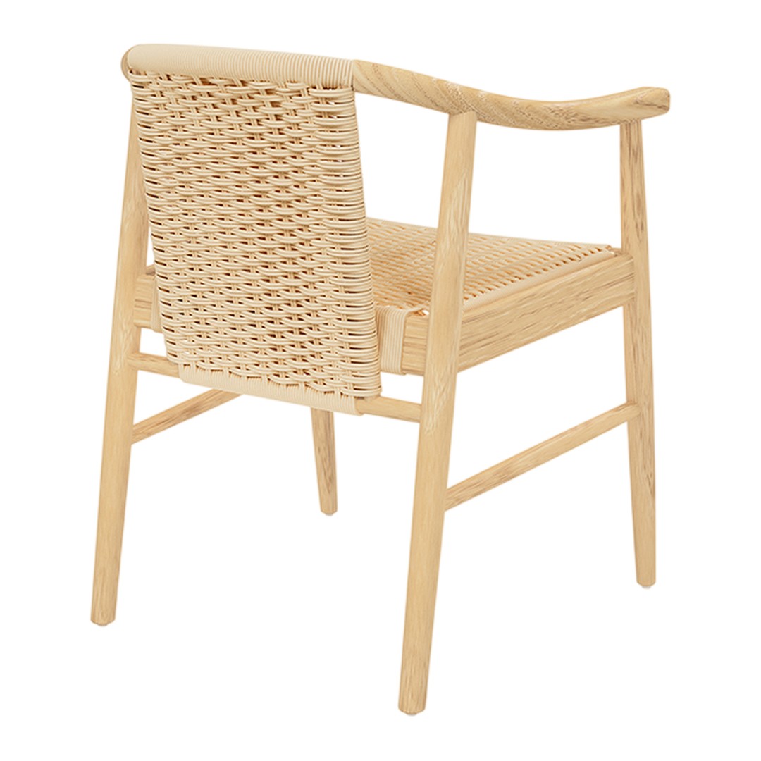 Natural wood chair with a light beige woven back and seat, showcasing a minimalist design and neutral color palette.