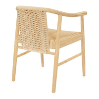 Natural wood chair with a light beige woven back and seat, showcasing a minimalist design and neutral color palette.