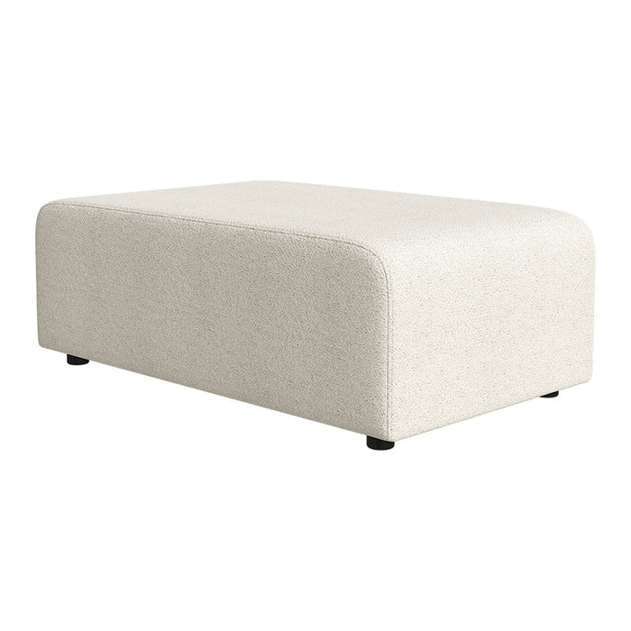 Light beige upholstered ottoman with a smooth texture and rounded edges, perfect for modern decor.