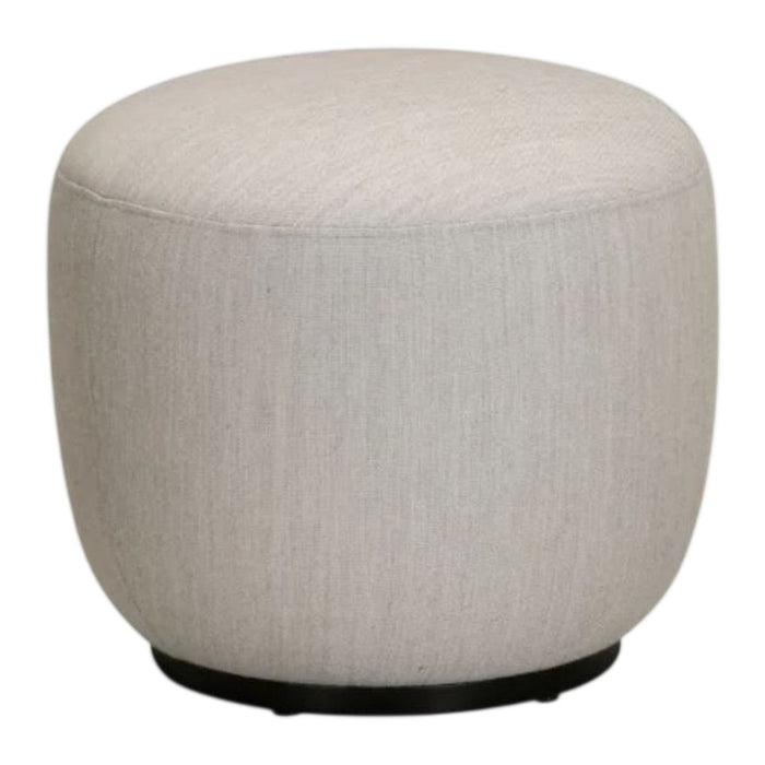 Light gray textured pouf ottoman with a round shape and dark base, perfect for modern decor.