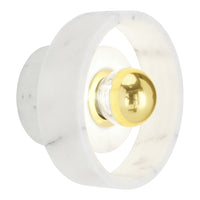 Elegant white marble wall light with a smooth circular pattern and a glossy gold accent. Modern and stylish design.