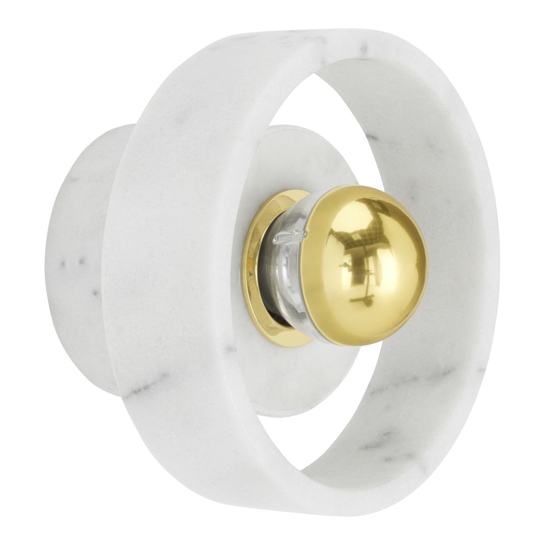 Elegant white marble with subtle gray veining, featuring a shiny gold accent in a circular design. Perfect for modern decor.