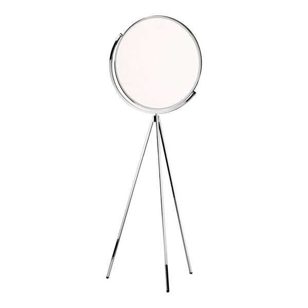 Chrome floor mirror with a sleek circular design and minimalist tripod stand, featuring a clean white reflective surface.