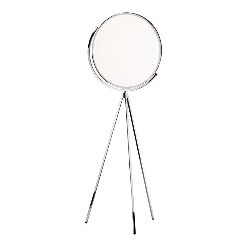Chrome floor mirror with a sleek circular design and minimalist tripod stand, featuring a clean white reflective surface.