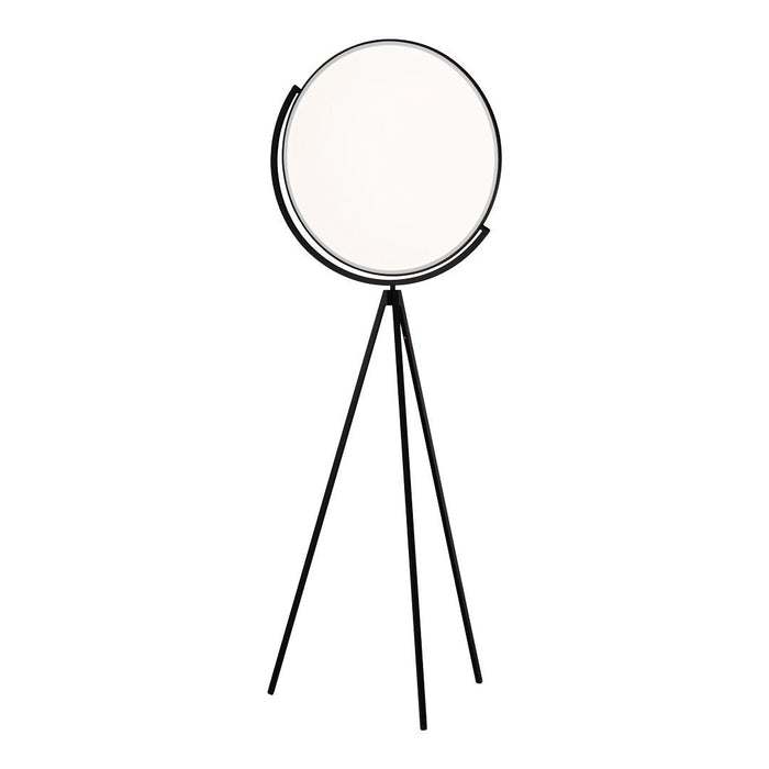 Modern black tripod mirror with a sleek circular frame and white reflective surface, perfect for contemporary decor.