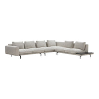 Light gray sectional sofa with a minimalist design and subtle texture, featuring plush cushions and sleek metal legs.