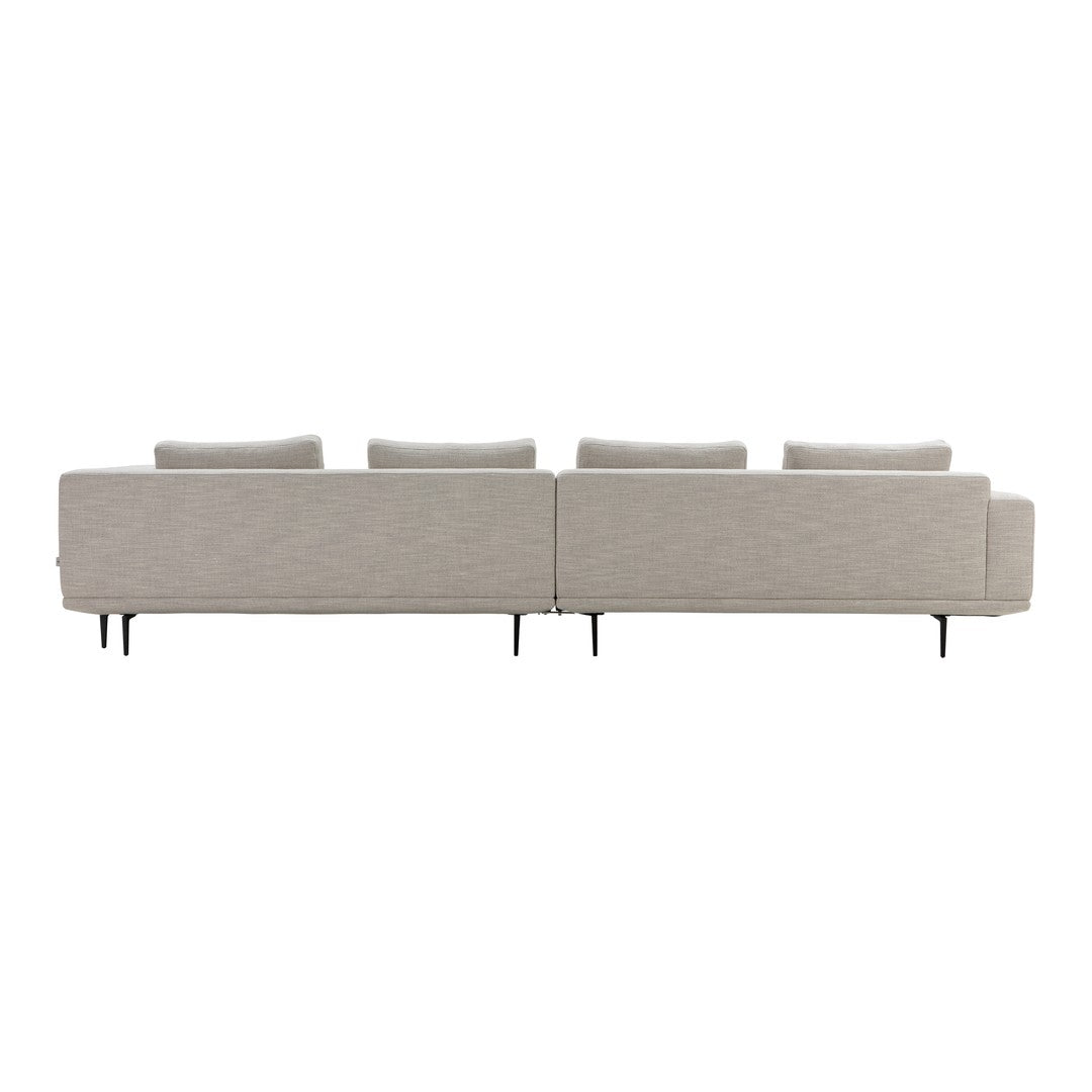 Light beige sectional sofa with subtle texture, sleek lines, and minimalist black legs. Perfect for modern decor.