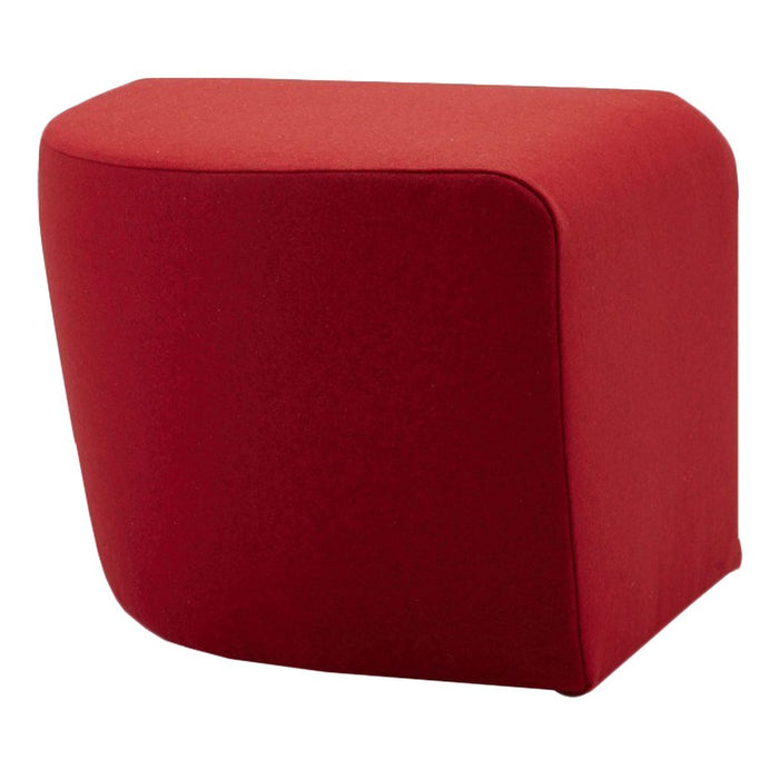 Red upholstered modern accent stool with a smooth, curved design. Perfect for any contemporary decor.