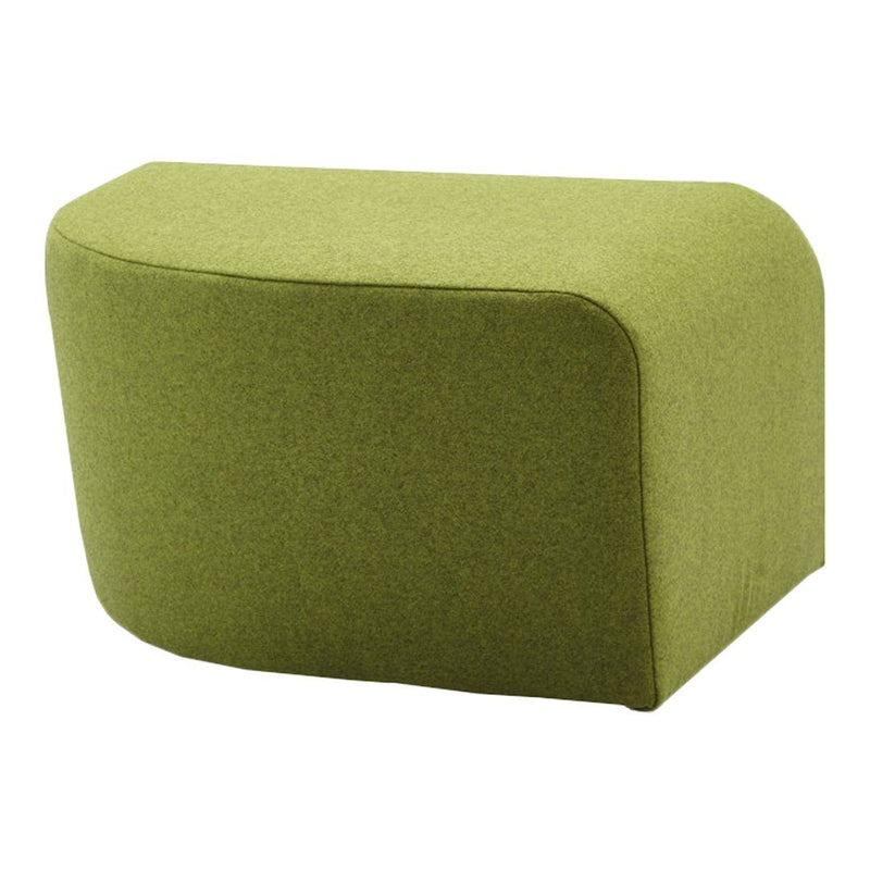 Green upholstered ottoman with a smooth, rounded shape and a textured fabric finish. Perfect for modern decor.