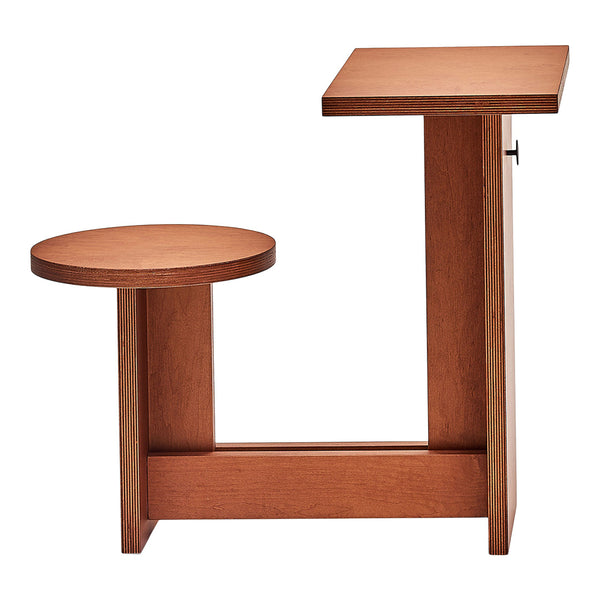 Minimalist wooden side table in warm brown tones with smooth surfaces and geometric shapes. Perfect for modern decor.
