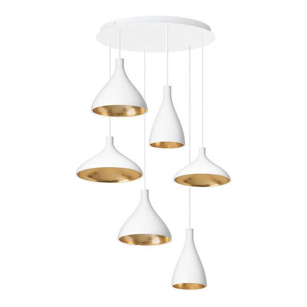 White and gold pendant lights with a sleek, modern design, featuring five unique shapes and a glossy finish.