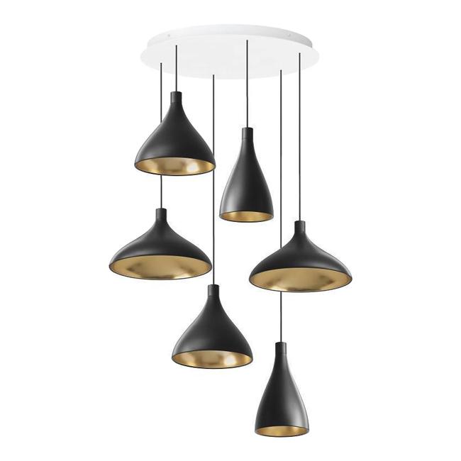 Five pendant lights with a sleek black exterior and gleaming gold interior, suspended from a white ceiling mount.