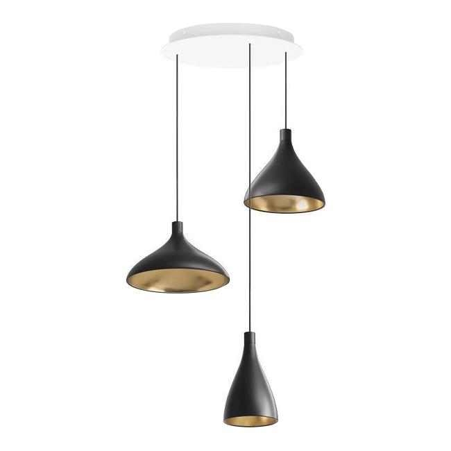 Black pendant lamps with gold interiors, suspended from a white ceiling mount, modern and stylish design.