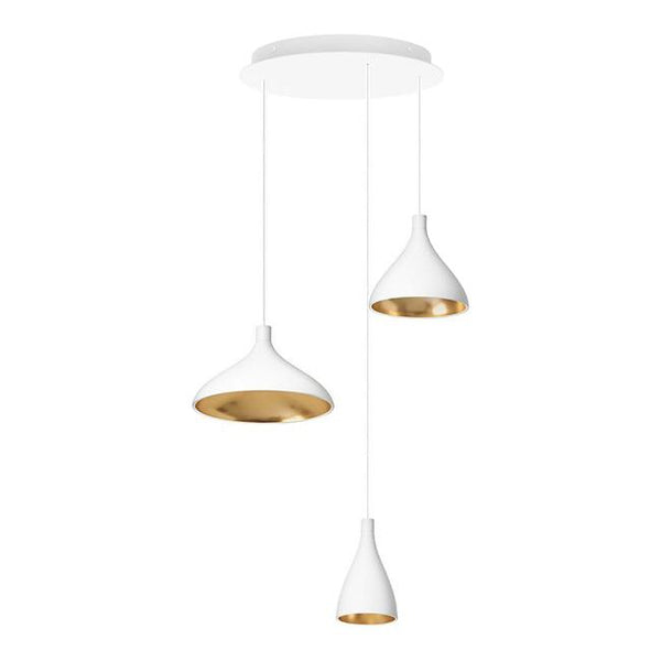 Triple pendant light featuring a sleek white exterior and elegant gold interiors for a modern touch.
