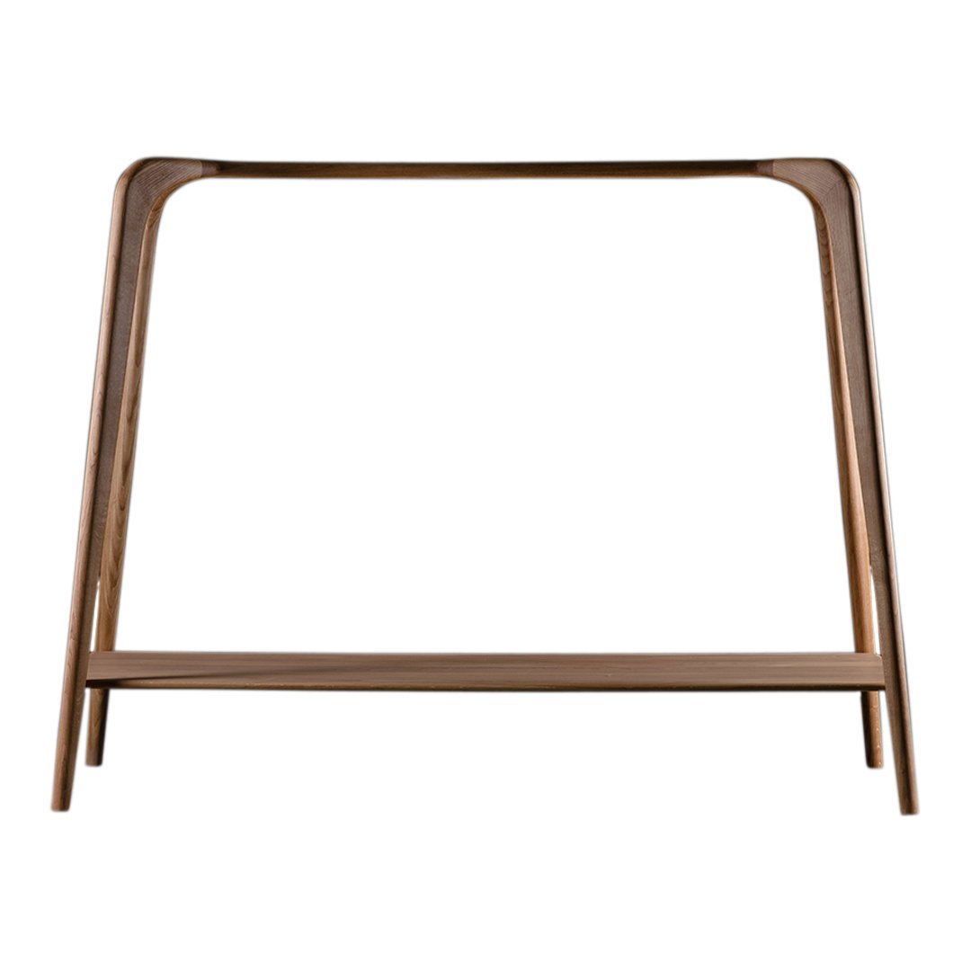 Brown wooden table frame with smooth, minimalistic design and clean lines, perfect for modern decor.