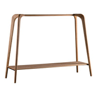 Light oak wood console table with smooth, curved lines and a natural finish. Minimalist design enhances any decor.