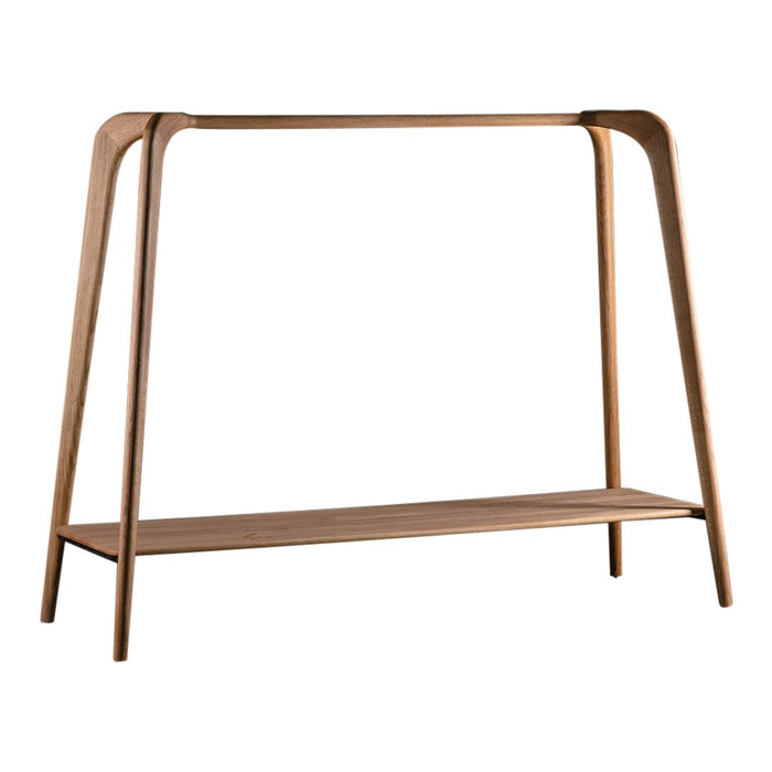 Light oak wood console table with smooth, curved lines and a natural finish. Minimalist design enhances any decor.