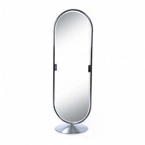 Sleek silver oval mirror with a minimalist design, featuring a smooth, reflective surface. Perfect for modern decor.