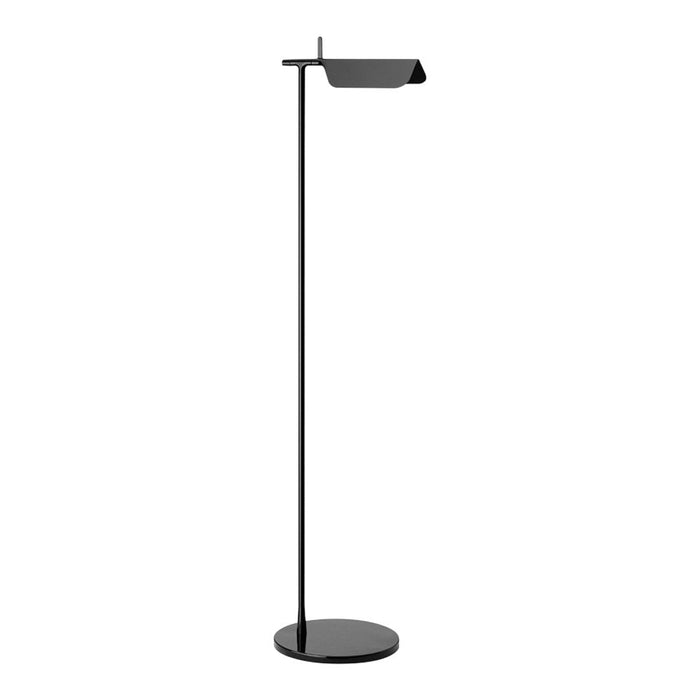 Modern black floor lamp with a sleek design and minimalist patterns, perfect for contemporary decor.