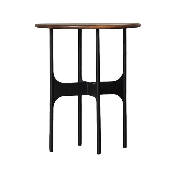 Round wooden top with a rich brown finish, supported by sleek black legs. Modern, minimalist design for any decor.