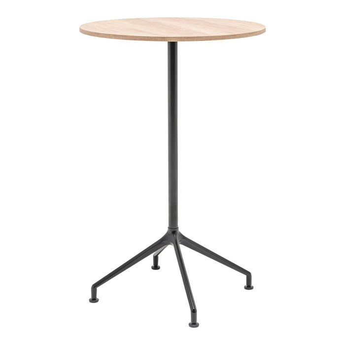 Natural wood tabletop with a round shape and black metal tripod base, ideal for modern decor.