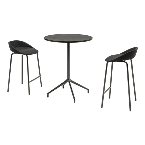 Black round table with textured surface and two matching black bar stools, minimalist design, modern aesthetic.