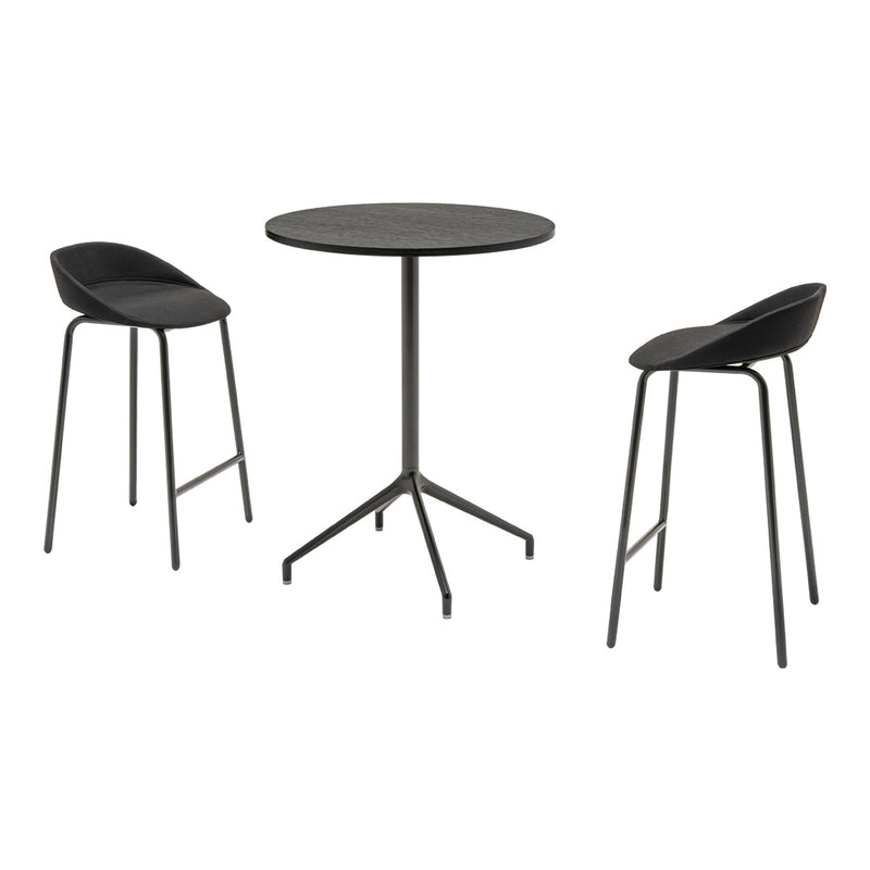Black round table with textured surface and two matching black bar stools, minimalist design, modern aesthetic.