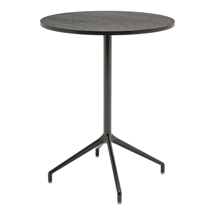 Round black table with a textured surface and sleek black metal legs, perfect for modern decor.