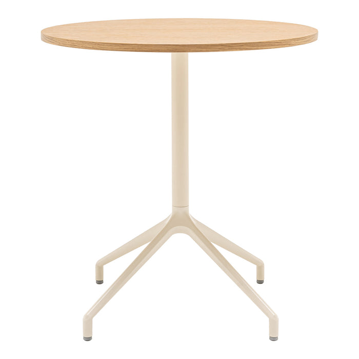 Round wooden tabletop in natural oak finish with a minimalist cream-colored base. Perfect for modern decor.