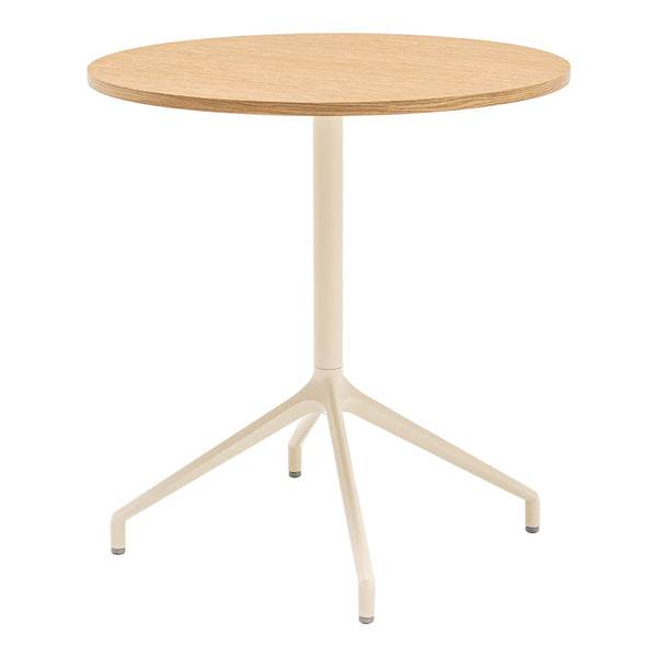 Round wooden table with a natural oak finish and a sleek cream-colored metal base. Minimalist design for modern decor.
