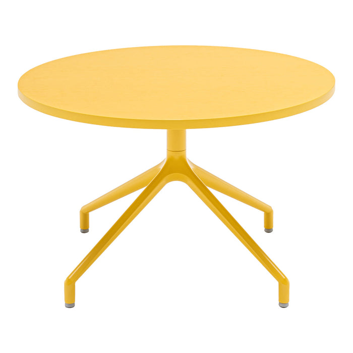 Bright yellow round table with a smooth surface and modern tripod base, perfect for vibrant decor.