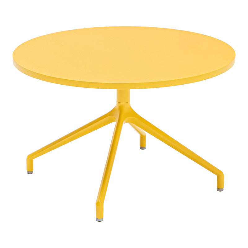 Bright yellow round coffee table with sleek three-legged design, ideal for modern decor.