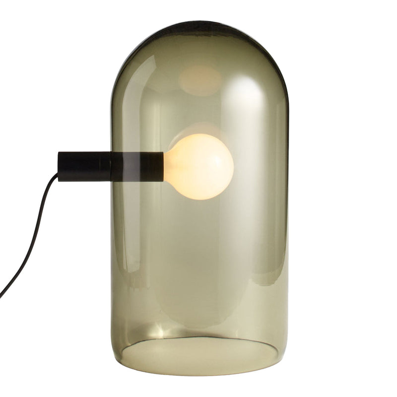 Smoky gray glass lamp with a round white bulb, featuring a sleek black base and minimalistic design.
