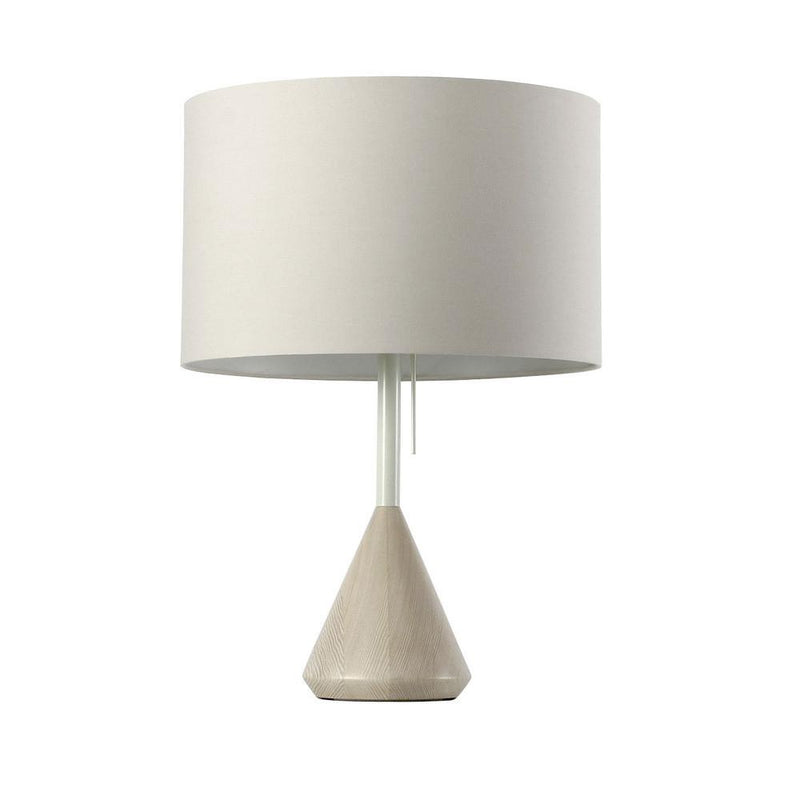 Beige cone base with a white drum shade lamp, featuring a minimalist design and smooth textures. Perfect for modern decor.